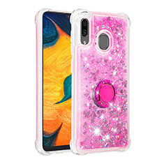 Silicone Candy Rubber TPU Bling-Bling Soft Case Cover with Finger Ring Stand S01 for Samsung Galaxy A20 Hot Pink