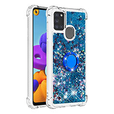 Silicone Candy Rubber TPU Bling-Bling Soft Case Cover with Finger Ring Stand S01 for Samsung Galaxy A21s Blue