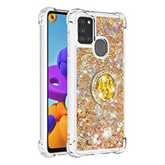 Silicone Candy Rubber TPU Bling-Bling Soft Case Cover with Finger Ring Stand S01 for Samsung Galaxy A21s Gold