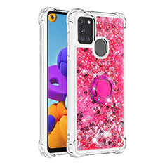 Silicone Candy Rubber TPU Bling-Bling Soft Case Cover with Finger Ring Stand S01 for Samsung Galaxy A21s Hot Pink