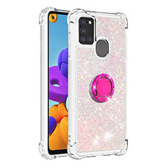 Silicone Candy Rubber TPU Bling-Bling Soft Case Cover with Finger Ring Stand S01 for Samsung Galaxy A21s Pink