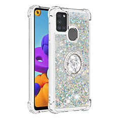 Silicone Candy Rubber TPU Bling-Bling Soft Case Cover with Finger Ring Stand S01 for Samsung Galaxy A21s Silver
