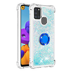 Silicone Candy Rubber TPU Bling-Bling Soft Case Cover with Finger Ring Stand S01 for Samsung Galaxy A21s Sky Blue