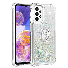 Silicone Candy Rubber TPU Bling-Bling Soft Case Cover with Finger Ring Stand S01 for Samsung Galaxy A23 4G Silver