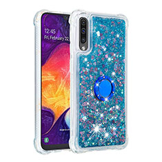 Silicone Candy Rubber TPU Bling-Bling Soft Case Cover with Finger Ring Stand S01 for Samsung Galaxy A50 Blue