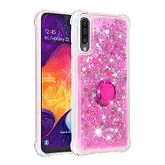 Silicone Candy Rubber TPU Bling-Bling Soft Case Cover with Finger Ring Stand S01 for Samsung Galaxy A50 Hot Pink