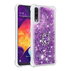 Silicone Candy Rubber TPU Bling-Bling Soft Case Cover with Finger Ring Stand S01 for Samsung Galaxy A50 Purple