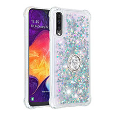 Silicone Candy Rubber TPU Bling-Bling Soft Case Cover with Finger Ring Stand S01 for Samsung Galaxy A50 Silver