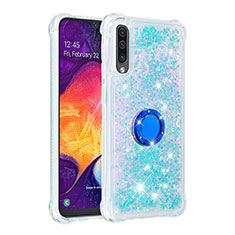 Silicone Candy Rubber TPU Bling-Bling Soft Case Cover with Finger Ring Stand S01 for Samsung Galaxy A50 Sky Blue