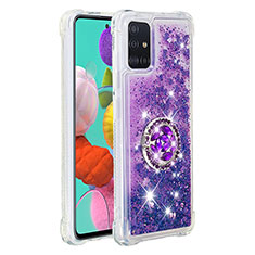 Silicone Candy Rubber TPU Bling-Bling Soft Case Cover with Finger Ring Stand S01 for Samsung Galaxy A51 4G Purple