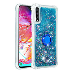Silicone Candy Rubber TPU Bling-Bling Soft Case Cover with Finger Ring Stand S01 for Samsung Galaxy A70 Blue