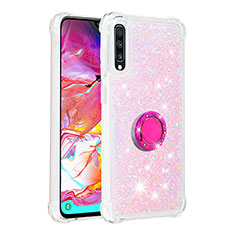 Silicone Candy Rubber TPU Bling-Bling Soft Case Cover with Finger Ring Stand S01 for Samsung Galaxy A70 Pink