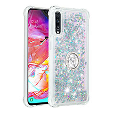 Silicone Candy Rubber TPU Bling-Bling Soft Case Cover with Finger Ring Stand S01 for Samsung Galaxy A70 Silver