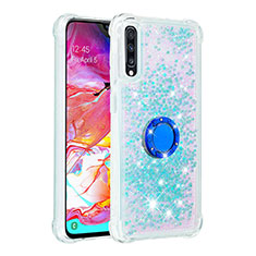 Silicone Candy Rubber TPU Bling-Bling Soft Case Cover with Finger Ring Stand S01 for Samsung Galaxy A70S Sky Blue