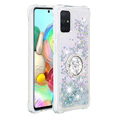 Silicone Candy Rubber TPU Bling-Bling Soft Case Cover with Finger Ring Stand S01 for Samsung Galaxy A71 4G A715 Silver