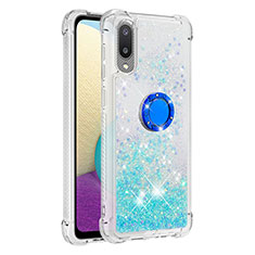 Silicone Candy Rubber TPU Bling-Bling Soft Case Cover with Finger Ring Stand S01 for Samsung Galaxy M02 Cyan