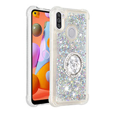 Silicone Candy Rubber TPU Bling-Bling Soft Case Cover with Finger Ring Stand S01 for Samsung Galaxy M11 Silver