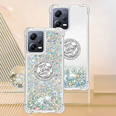 Silicone Candy Rubber TPU Bling-Bling Soft Case Cover with Finger Ring Stand S01 for Xiaomi Redmi Note 12 5G Silver