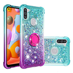 Silicone Candy Rubber TPU Bling-Bling Soft Case Cover with Finger Ring Stand S02 for Samsung Galaxy A11 Sky Blue