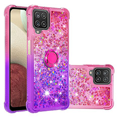 Silicone Candy Rubber TPU Bling-Bling Soft Case Cover with Finger Ring Stand S02 for Samsung Galaxy A12 Nacho Hot Pink