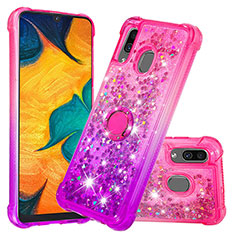 Silicone Candy Rubber TPU Bling-Bling Soft Case Cover with Finger Ring Stand S02 for Samsung Galaxy A20 Hot Pink