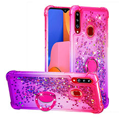 Silicone Candy Rubber TPU Bling-Bling Soft Case Cover with Finger Ring Stand S02 for Samsung Galaxy A20s Hot Pink