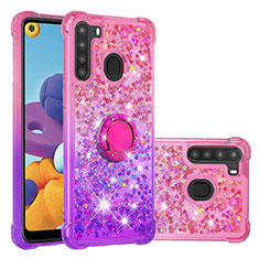 Silicone Candy Rubber TPU Bling-Bling Soft Case Cover with Finger Ring Stand S02 for Samsung Galaxy A21 Hot Pink