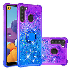 Silicone Candy Rubber TPU Bling-Bling Soft Case Cover with Finger Ring Stand S02 for Samsung Galaxy A21 Purple