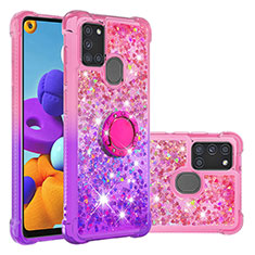 Silicone Candy Rubber TPU Bling-Bling Soft Case Cover with Finger Ring Stand S02 for Samsung Galaxy A21s Hot Pink