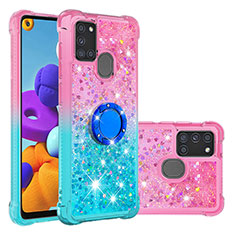 Silicone Candy Rubber TPU Bling-Bling Soft Case Cover with Finger Ring Stand S02 for Samsung Galaxy A21s Pink