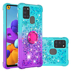 Silicone Candy Rubber TPU Bling-Bling Soft Case Cover with Finger Ring Stand S02 for Samsung Galaxy A21s Sky Blue