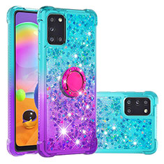 Silicone Candy Rubber TPU Bling-Bling Soft Case Cover with Finger Ring Stand S02 for Samsung Galaxy A31 Sky Blue