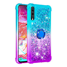 Silicone Candy Rubber TPU Bling-Bling Soft Case Cover with Finger Ring Stand S02 for Samsung Galaxy A70 Sky Blue