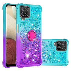 Silicone Candy Rubber TPU Bling-Bling Soft Case Cover with Finger Ring Stand S02 for Samsung Galaxy M12 Sky Blue
