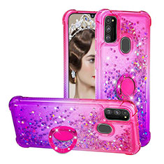 Silicone Candy Rubber TPU Bling-Bling Soft Case Cover with Finger Ring Stand S02 for Samsung Galaxy M21 Hot Pink
