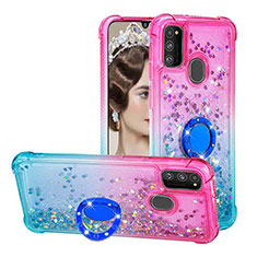 Silicone Candy Rubber TPU Bling-Bling Soft Case Cover with Finger Ring Stand S02 for Samsung Galaxy M21 Pink