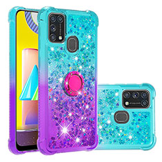 Silicone Candy Rubber TPU Bling-Bling Soft Case Cover with Finger Ring Stand S02 for Samsung Galaxy M21s Sky Blue