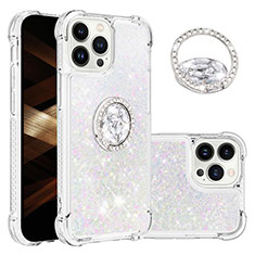 Silicone Candy Rubber TPU Bling-Bling Soft Case Cover with Finger Ring Stand S03 for Apple iPhone 14 Pro Max Silver
