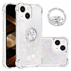 Silicone Candy Rubber TPU Bling-Bling Soft Case Cover with Finger Ring Stand S03 for Apple iPhone 14 Silver