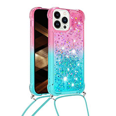 Silicone Candy Rubber TPU Bling-Bling Soft Case Cover with Lanyard Strap S01 for Apple iPhone 13 Pro Pink