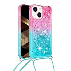 Silicone Candy Rubber TPU Bling-Bling Soft Case Cover with Lanyard Strap S01 for Apple iPhone 14 Plus Pink