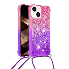 Silicone Candy Rubber TPU Bling-Bling Soft Case Cover with Lanyard Strap S01 for Apple iPhone 15 Hot Pink