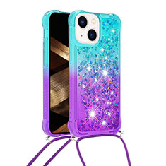 Silicone Candy Rubber TPU Bling-Bling Soft Case Cover with Lanyard Strap S01 for Apple iPhone 15 Plus Sky Blue