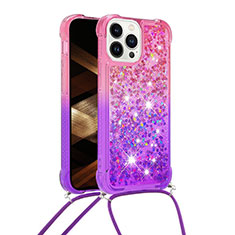 Silicone Candy Rubber TPU Bling-Bling Soft Case Cover with Lanyard Strap S01 for Apple iPhone 15 Pro Hot Pink