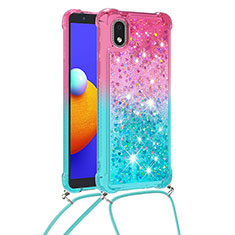 Silicone Candy Rubber TPU Bling-Bling Soft Case Cover with Lanyard Strap S01 for Samsung Galaxy A01 Core Pink
