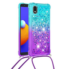 Silicone Candy Rubber TPU Bling-Bling Soft Case Cover with Lanyard Strap S01 for Samsung Galaxy A01 Core Sky Blue