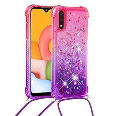Silicone Candy Rubber TPU Bling-Bling Soft Case Cover with Lanyard Strap S01 for Samsung Galaxy A01 SM-A015 Hot Pink