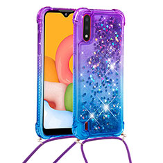 Silicone Candy Rubber TPU Bling-Bling Soft Case Cover with Lanyard Strap S01 for Samsung Galaxy A01 SM-A015 Purple