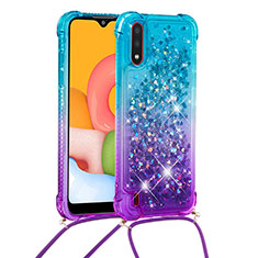 Silicone Candy Rubber TPU Bling-Bling Soft Case Cover with Lanyard Strap S01 for Samsung Galaxy A01 SM-A015 Sky Blue
