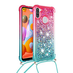 Silicone Candy Rubber TPU Bling-Bling Soft Case Cover with Lanyard Strap S01 for Samsung Galaxy A11 Pink